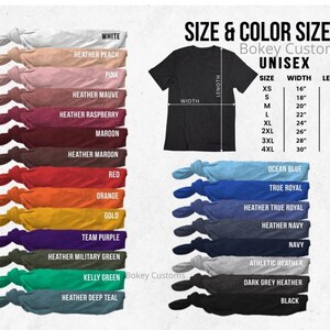 May include: A chart showing unisex t-shirt sizes and colors. The chart shows the width and length of each size in inches. The colors include white, heather peach, pink, heather mauve, heather raspberry, maroon, heather maroon, red, orange, gold, team purple, heather military green, kelly green, heather deep teal, ocean blue, true royal, heather true royal, heather navy, navy, athletic heather, dark grey heather, and black.