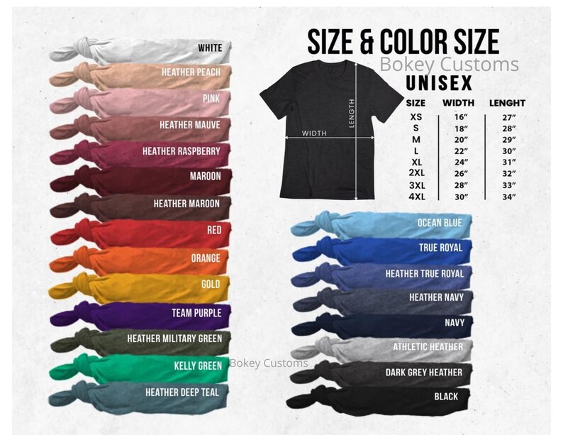 May include: A chart showing unisex t-shirt sizes and colors. The chart shows the width and length of each size in inches. The colors include white, heather peach, pink, heather mauve, heather raspberry, maroon, heather maroon, red, orange, gold, team purple, heather military green, kelly green, heather deep teal, ocean blue, true royal, heather true royal, heather navy, navy, athletic heather, dark grey heather, and black.
