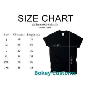 May include: Size chart for a Gildan 64000 Softstyle Unisex T-Shirt. The chart shows the chest and length measurements in inches for sizes S, M, L, XL, 2XL, and 3XL.