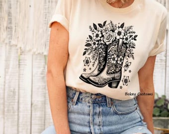 Floral Cowboy Boots T-Shirt, Womens Western Graphic Tee