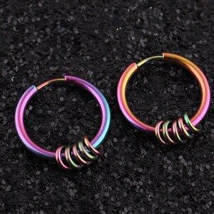 A pair of earrings(2 pcs) Rainbow hoop earrings with five small rings,18mm stainless steel endless earrings,steel tiny loop earrings