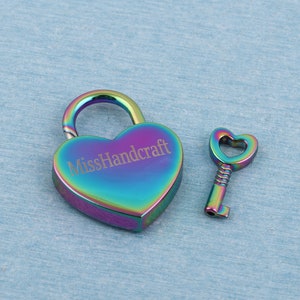 Custom personalized laser engraved rainbow heart-shaped padlock with key set,30*39mm purse lock with key for lover gifts valentines day gift