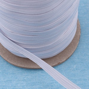 May include: A spool of light blue elastic ribbon. The ribbon is thin, with a woven texture and a slight sheen. The spool is made of cardboard and sits on a blue surface. The ribbon is unspooled and lies flat.