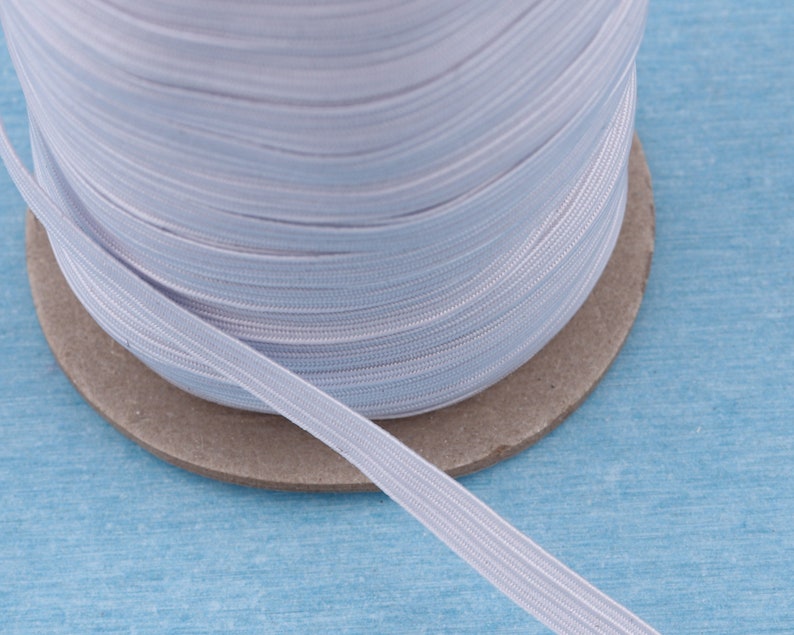 May include: A spool of light blue elastic ribbon. The ribbon is thin, with a woven texture and a slight sheen. The spool is made of cardboard and sits on a blue surface. The ribbon is unspooled and lies flat.