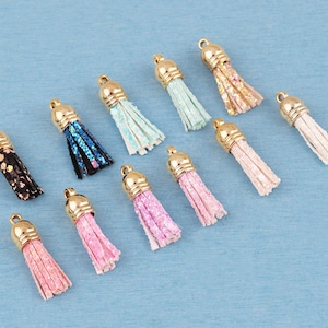 Faux Suede Leather Tassels with Gold Caps, 37mm Bag Charms (11 Colors)