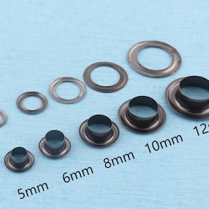 100セット ガンメタルアイレット（ワッシャー付き）、5mm/6mm/8mm/10mm/12mmアイレットグロメット、レザークラフト修理グロメット