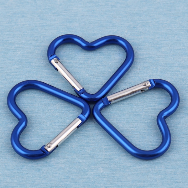 Heart shaped aluminium alloy carabiner camp snap hook, 40mm metal blue color carabiner push gate clip,key chains key rings for hiking