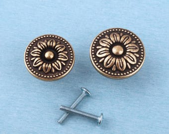 Antiekkoperen kastknop met bloemen - vintage ladehendel (35 mm/31 mm)
