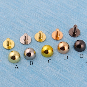 Op de afbeelding: Een assortiment metalen klinknagels in verschillende kleuren, waaronder goud, zilver, koper en zwart. Elke klinknagel heeft een afgeronde, koepelvormige kop en een schroefdraad voor bevestiging. De klinknagels zijn gerangschikt op een lichtblauwe ondergrond.