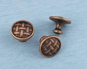 Vintage Basket Weave Drawer Knob -- Antique Bronze Cabinet Hardware (33mm)