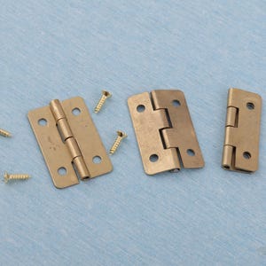 May include: Three small brass hinges and four matching screws are arranged on a light blue surface. The hinges are rectangular with rounded corners and have multiple screw holes. The screws are gold-coloured.
