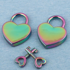 Rainbow Heart Padlock with Key: DIY Purse Lock (39x30mm)