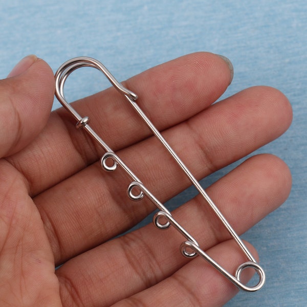 Metal silver color safety pin, 76mm plaid skirt pin triple loop, iron pin, brooch scarf pin shawl pin, safety pin supplies