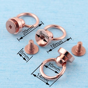 K&ouml;nnte beinhalten: Drei ros&eacute;goldene Metallring-Beschl&auml;ge mit Schrauben. Die Ringe haben einen Durchmesser von 10 mm, 18 mm und 20 mm. Die Schrauben haben einen Durchmesser von 8 mm.