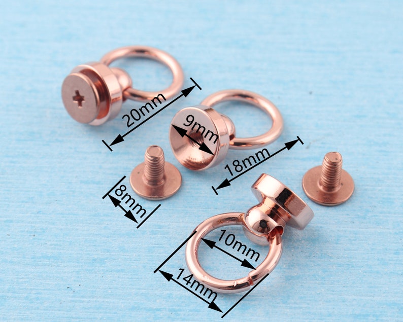 K&ouml;nnte beinhalten: Drei ros&eacute;goldene Metallring-Beschl&auml;ge mit Schrauben. Die Ringe haben einen Durchmesser von 10 mm, 18 mm und 20 mm. Die Schrauben haben einen Durchmesser von 8 mm.