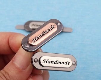 Gegraveerd handgemaakt metalen taslabel: roségoud/zilveren labels (35 x 12 mm)