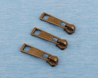 Antike Messing Reißverschlussanhänger: 42 mm Metallzähne, Leder Schieber