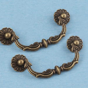 Könnte beinhalten: Zwei Schubladengriffe aus Metall mit antikem Messing-Finish, die ein geschwungenes Design mit blumenförmigen Montageplatten an jedem Ende aufweisen. Die Beschläge zeigen eine dunkle, verwitterte Patina mit erhabenen Details.
