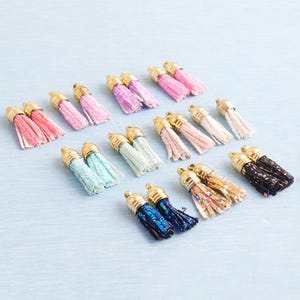 Puede incluir: Una colección de borlas coloridas con tapas doradas. Las borlas vienen en varios colores, incluyendo rosa, azul y negro. Estas borlas decorativas son ideales para la fabricación de joyas o proyectos de manualidades.