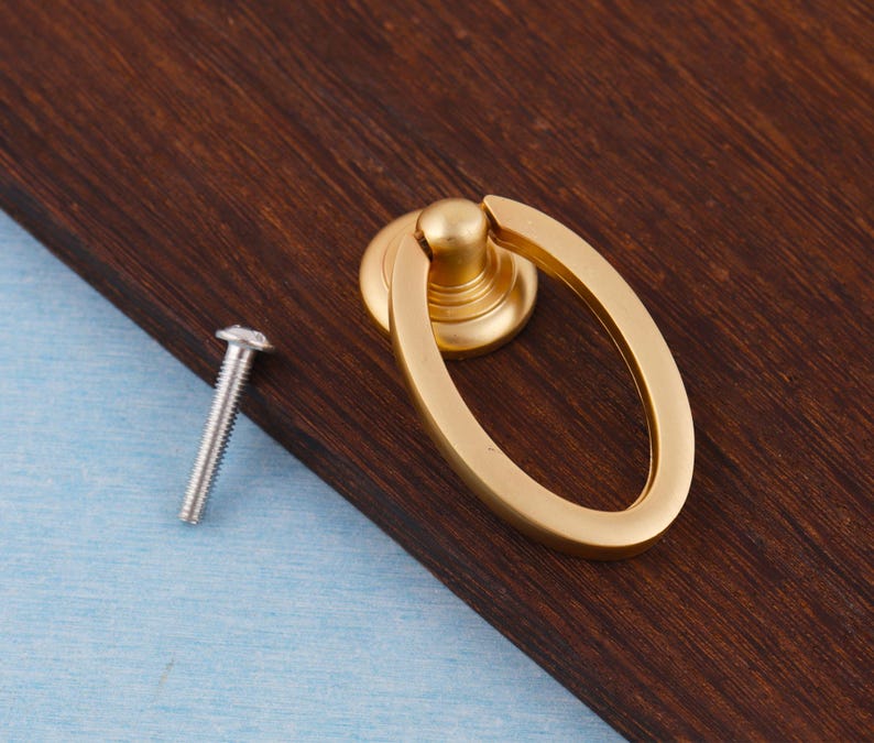 Może przedstawiać: Złoty, owalny uchwyt do szuflady z pasującą okrągłą podstawą i srebrną śrubą. Okucia są umieszczone na ciemnobrązowej drewnianej powierzchni i jasnoniebieskim tle.