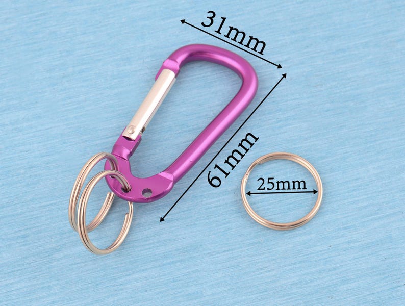 May include: A purple carabiner with a silver spring-loaded gate and two attached silver key rings. The carabiner measures 31mm in width and 61mm in length. A separate silver key ring with a 25mm diameter is positioned next to the carabiner.