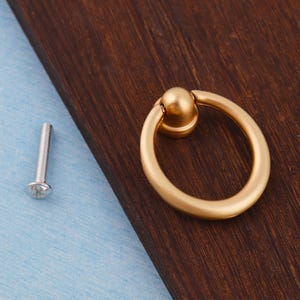 Op de afbeelding: Een goudkleurige ringtrekker met een ronde handgreep en een kleine, ronde basis. Een zilveren schroef bevindt zich links van de trekker. De hardware is geplaatst op een donkerbruin houten oppervlak en een lichtblauw oppervlak.