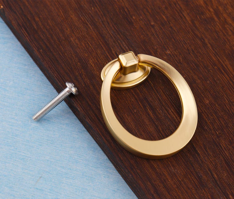 Może przedstawiać: Złoty, owalny uchwyt do szafki z pasującą podstawą i srebrną śrubą. Uchwyt umieszczony jest na ciemnobrązowej drewnianej powierzchni, z jasnoniebieskim tłem. Okucia meblowe.