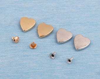 50 Metal Heart Rivets: Silver/Gold Alloy Studs, Leather Craft