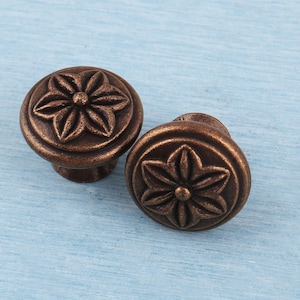 May include: Two bronze-colored cabinet knobs with a floral design. Each knob features a raised, detailed flower in the center, surrounded by a circular border. The knobs are set against a light blue background.