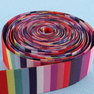 Puede incluir: Un rollo de cinta de tela rayada de colores. La cinta está hecha de un material tejido y tiene una variedad de colores, incluyendo rojo, rosa, morado, azul, verde y amarillo.