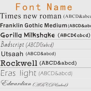 K&ouml;nnte beinhalten: Grafik mit verschiedenen Schriftarten, darunter Times New Roman und Edwardian, mit Beispielen des Alphabets. Die Schriften sind nummeriert und mit ihren Namen und einer Demonstration des Alphabets aufgef&uuml;hrt. Der Titel "Font Name" ist orange.