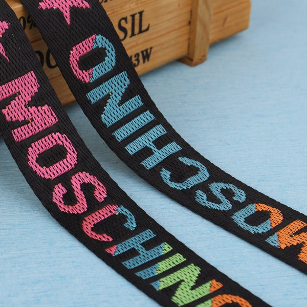 1 inch width colorful letters"MOSCHINO" woven ribbon,25mm black nylon webbing jacquard ribbon for belt,garment accessories