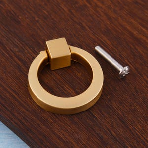 Op de afbeelding: Een goudkleurige kastgreep met een vierkante basis en een cirkelvormige handgreep. Naast de greep is een zilveren schroef geplaatst. De hardware is geplaatst op een donkerbruin houten oppervlak.