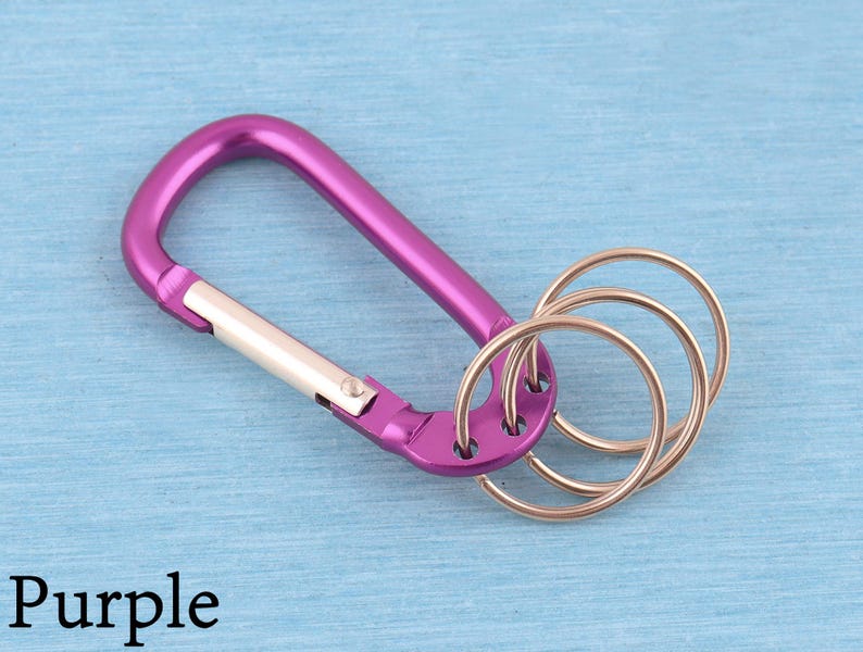 May include: A purple carabiner keychain featuring a spring-loaded silver gate and three attached circular metal key rings. The carabiner has a smooth, metallic finish and is designed with multiple holes at the base to hold the rings securely.