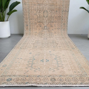 3x12 Runner Retro, 3x12 Vintage Runner, Beige Blue Runner, Area Rug Runner, Handmade Runner, Wool Runner Boho, Turkish Runner 3x12, 3x12 Rug