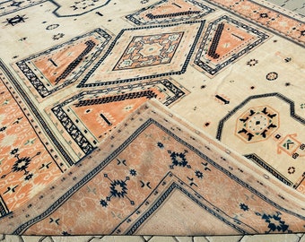 Large Vintage Oushak Turkish Rug, Boho Wool Area Rug 9.1x10.9 Ft