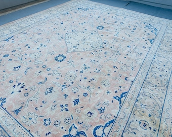 Pink Large Rug, 10x13 Rugs, Vintage Rug 10x13, Oversize Rugs, Pink Blue Rug, Large Turkish Rug, 10x13 Feet Rug, 10x13 Carpet, Wool Rug 10x13