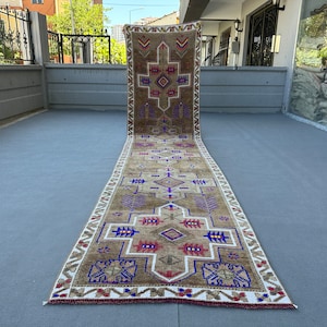 Blue Brown Runner, 3x12 Vintage Runner, Long Runner Rug, 3x12 Area Runner, Handmade Hallway Rug, Wool Runner Rug,Turkish Runner Rug,3x12 Rug