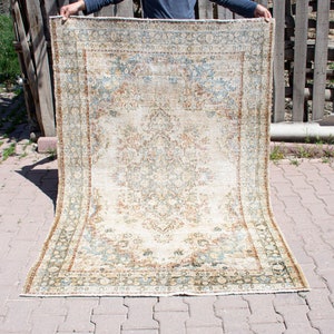 4x6 Beige Rug, 4x6 Antique Rug, Turkish Area Rug, Vintage Carpet Oushak, Wool Rug Boho, 4x6 Natural Rug, Beige Green Rug, 4x6 Decor Rug