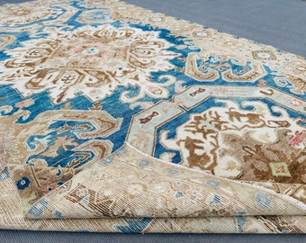 5x8 Blue Rugs,Turkish Area Rug,Vintage Anatolian Geometric Medallion Handmade Wool Oriental Floor Rugs 4.9x8.3 Feet