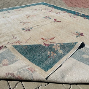 Turkish Rug Green 9x12 Vintage Anatolian Butterfly Flowers Pastel Beige Hand Knotted Wool Distressed Oriental Oversize Oushak Rug