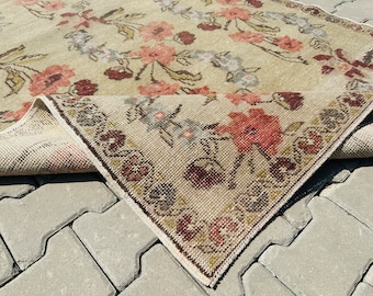 Area Rug 5x7, Turkish Rug, Beige Rose Garden Modern vintage design rug, farmhouse living room rug boho bedroom rug, large kilim Rug