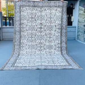 6x9 Blue Rug Vintage Area Handmade Mixed Floral Desiqn Pale Mocha White Wool Distressed Turkish Anatolian Decortive Large Rug