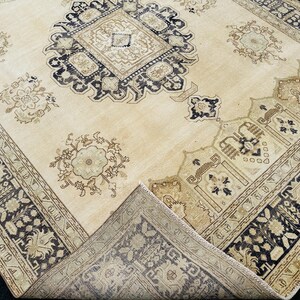 Beige Blue Vintage Turkish Wool Rug 9x12: Geometric Area Carpet