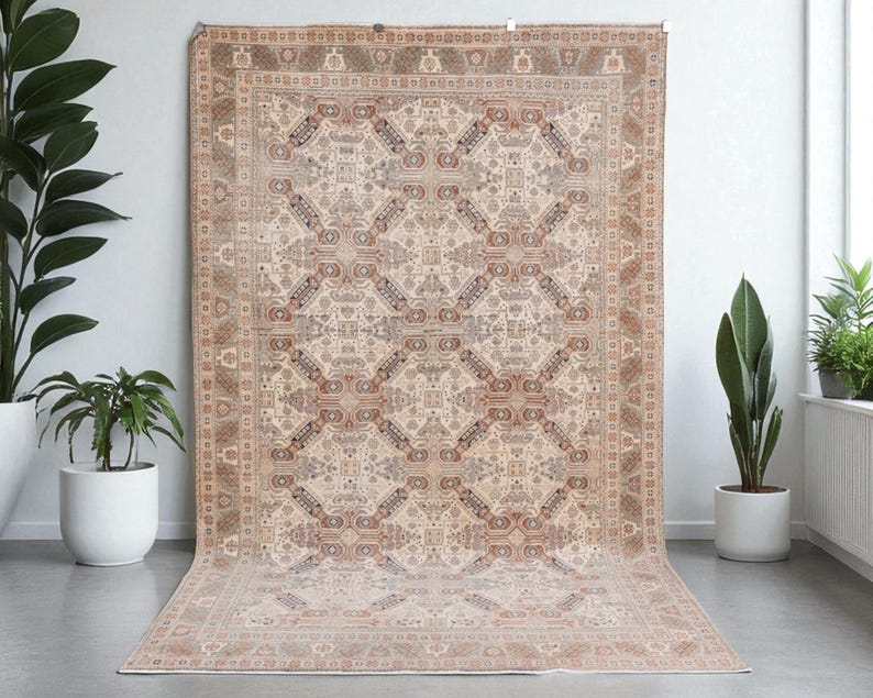 Vintage Turkish Rug, Cream Rust Blue Geometric 6x9 Area Rug - Etsy