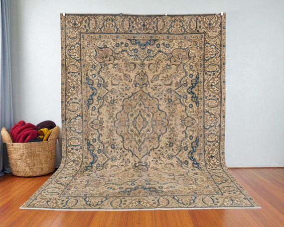 8x10 Rugs Antique, Old Area Rugs, Handmade Rug 8x10, Low Pile Wool Rug, Oriental Large Home Carpet, Oushak Design Rug, Large Area Rugs