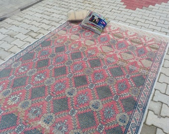 Alfombra gris rosa de 6 x 9, alfombra Oushak de 6 x 9, alfombra de área grande, alfombra anudada a mano, alfombra turca rosa, alfombra de lana vintage, alfombras orientales de 6 x 9, alfombra rosa de 6 x 9