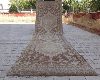 Turkish Vintage 3.5x12.8 Ft Runner Rug Handwoven Geometric Medallion Pale Mocha Pastel Pink Distressed Wool Low Pile Extra Long Runner