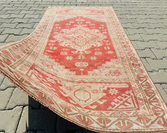 Floor Runner 3x6,Turkish Area Vintage Anatolian Geometric Medallion Pastel Red Beige Handmade Wool  Decorative Oriental Rugs Runner