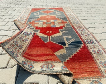 Handmade Red Decorative Runner 3x6 Vintage Anatolian Geometric Medallion Pastel Gray Wool Turkish Area Rug Runner 3.3x6.1 Feet
